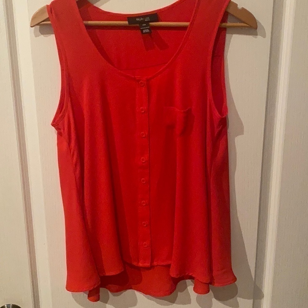 Women’s sz PM  Style and Co Orange faux button front hi low  flared hem top